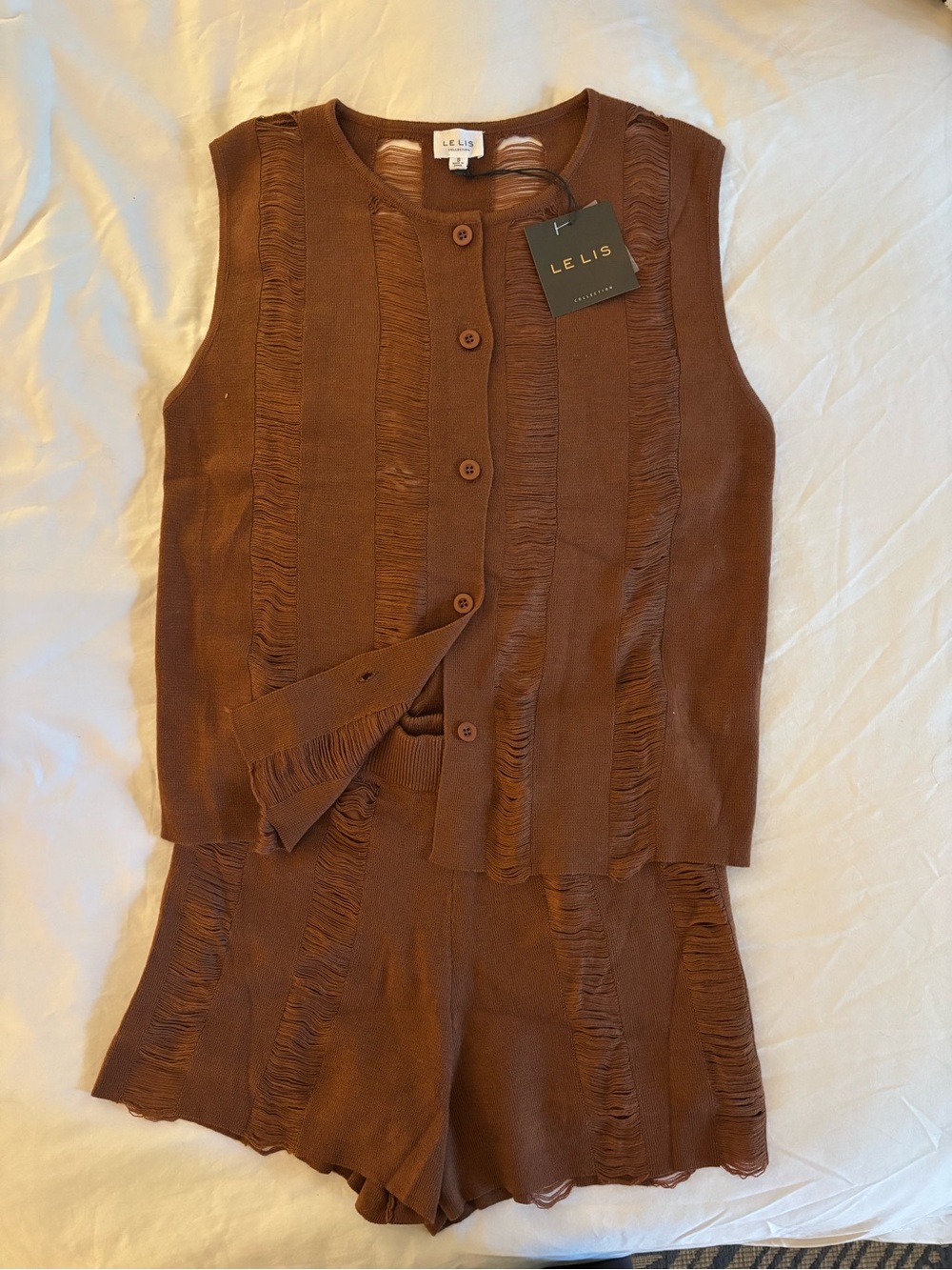 Le Lis Brown Sleeveless Button Cardigan & Matching Shorts Romper Set